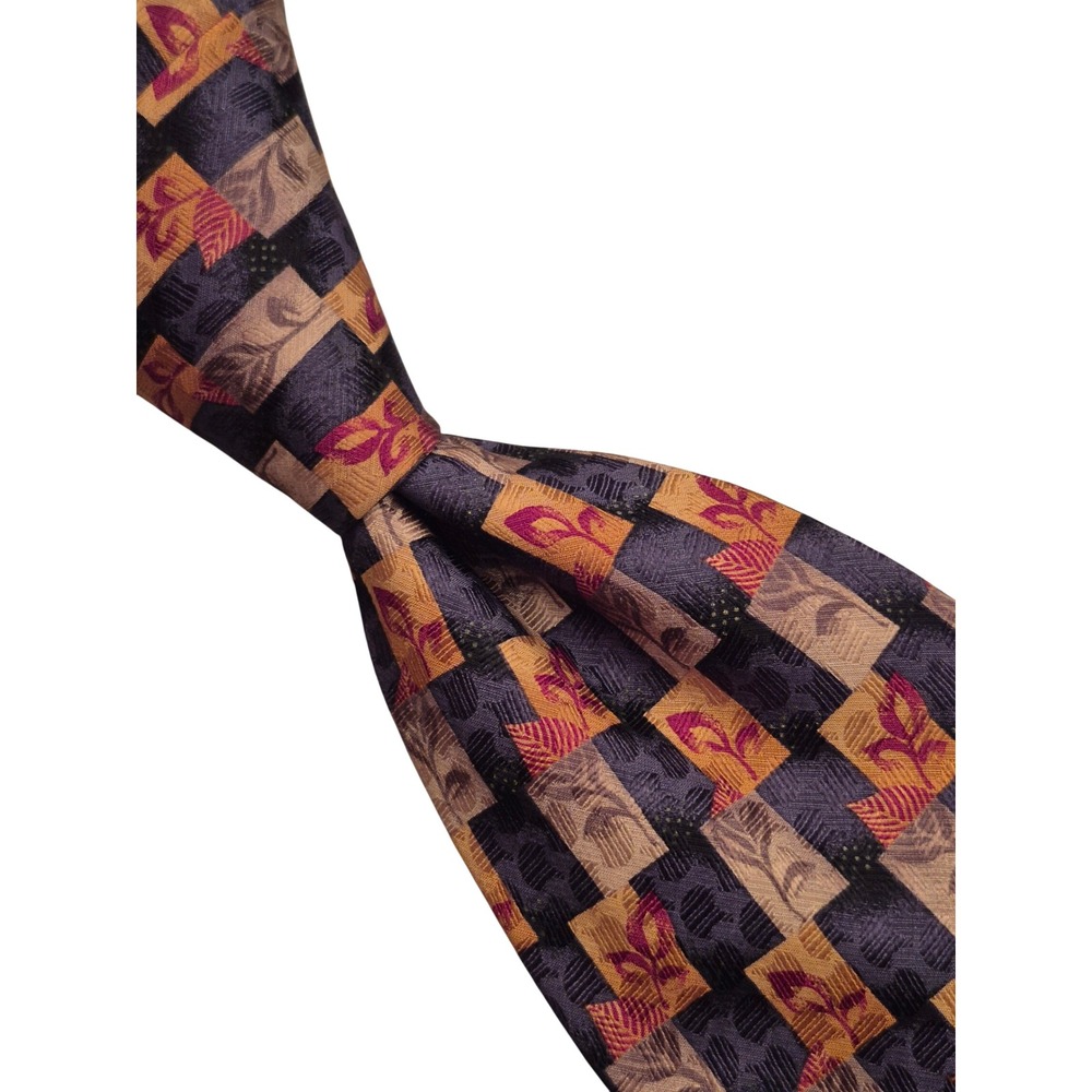 Ermenegildo Zegna Silk Tie Navy Gold Geometric Leaf‎ Disegno Esclusivo Italy